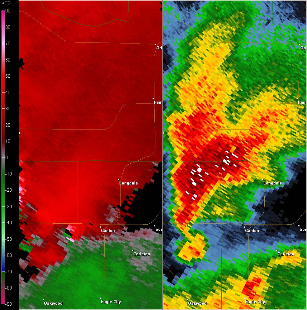 Vance AFB, OK (KVNX) Combination Radar Reflectivity and Storm Relative Velocity at 3:10 PM CDT on 5/24/2011