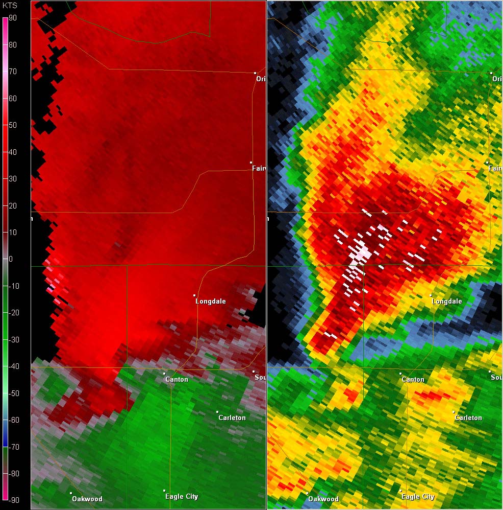 Vance AFB, OK (KVNX) Combination Radar Reflectivity and Storm Relative Velocity at 3:15 PM CDT on 5/24/2011