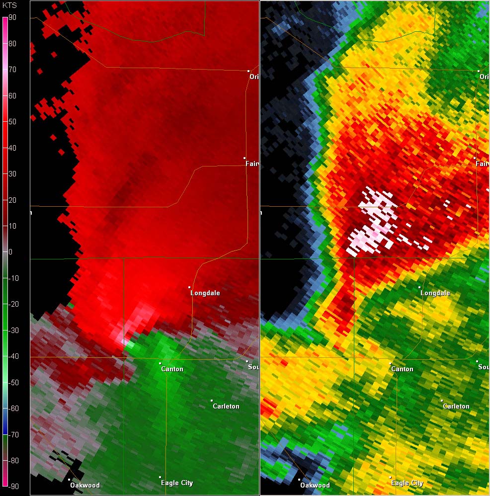 Vance AFB, OK (KVNX) Combination Radar Reflectivity and Storm Relative Velocity at 3:20 PM CDT on 5/24/2011