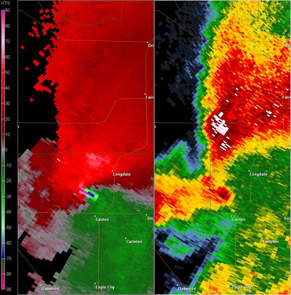 Vance AFB, OK (KVNX) Combination Radar Reflectivity and Storm Relative Velocity at 3:24 PM CDT on 5/24/2011