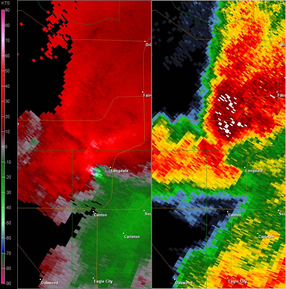 Vance AFB, OK (KVNX) Combination Radar Reflectivity and Storm Relative Velocity at 3:29 PM CDT on 5/24/2011