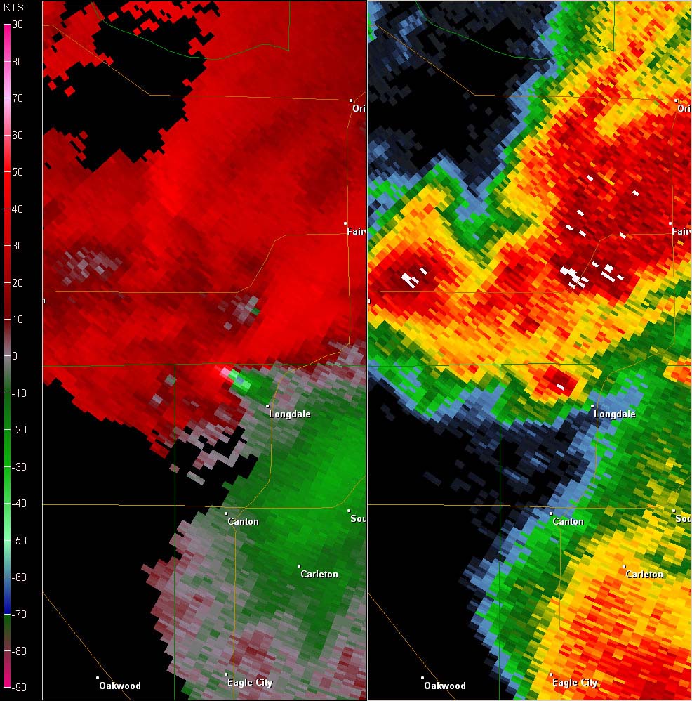 Vance AFB, OK (KVNX) Combination Radar Reflectivity and Storm Relative Velocity at 3:34 PM CDT on 5/24/2011