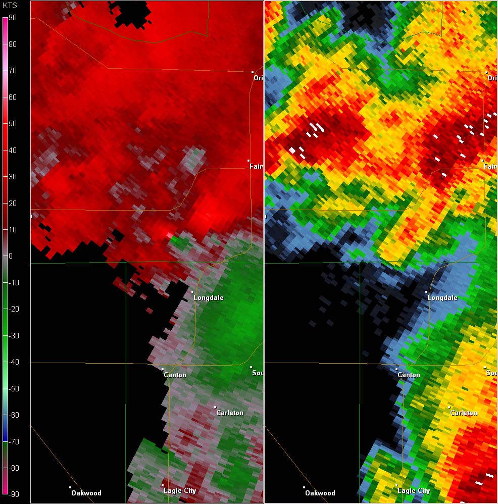 Vance AFB, OK (KVNX) Combination Radar Reflectivity and Storm Relative Velocity at 3:38 PM CDT on 5/24/2011