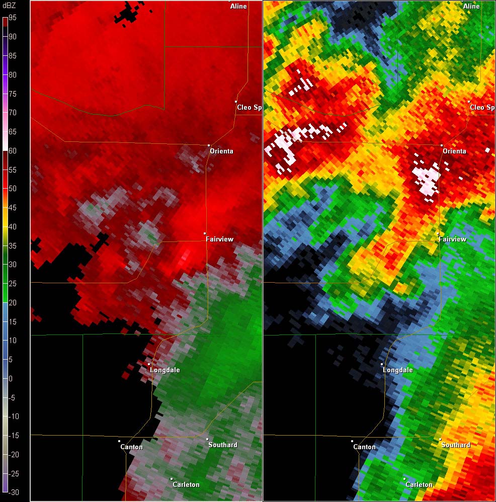 Vance AFB, OK (KVNX) Combination Radar Reflectivity and Storm Relative Velocity at 3:43 PM CDT on 5/24/2011