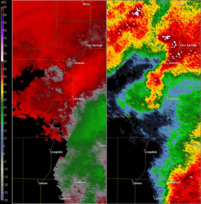 Vance AFB, OK (KVNX) Combination Radar Reflectivity and Storm Relative Velocity at 3:48 PM CDT on 5/24/2011