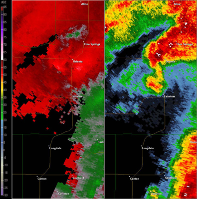 Vance AFB, OK (KVNX) Combination Radar Reflectivity and Storm Relative Velocity at 3:53 PM CDT on 5/24/2011