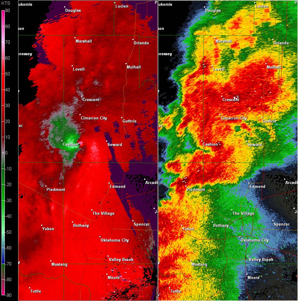 Twin Lakes, OK (KTLX) Combination Radar Reflectivity and Storm Relative Velocity at 5:10 PM CDT on 5/24/2011