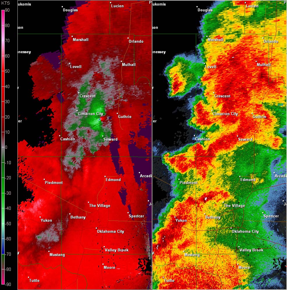 Twin Lakes, OK (KTLX) Combination Radar Reflectivity and Storm Relative Velocity at 5:22 PM CDT on 5/24/2011