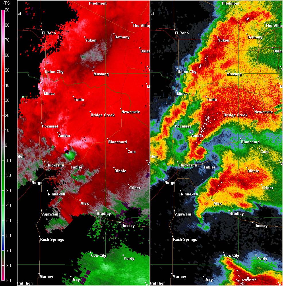 Twin Lakes, OK (KTLX) Combination Radar Reflectivity and Storm Relative Velocity at 5:22 PM CDT on 5/24/2011