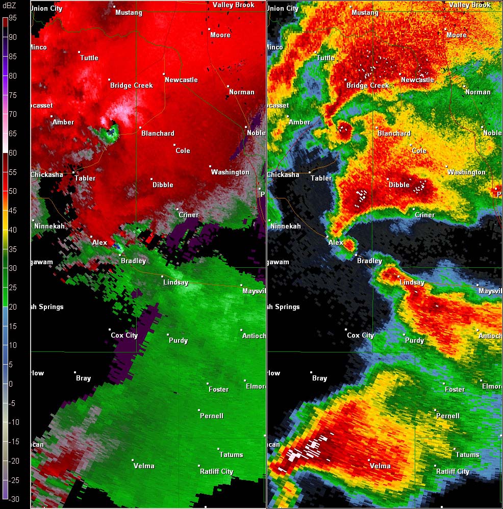 Twin Lakes, OK (KTLX) Combination Radar Reflectivity and Storm Relative Velocity at 5:31 PM CDT on 5/24/2011