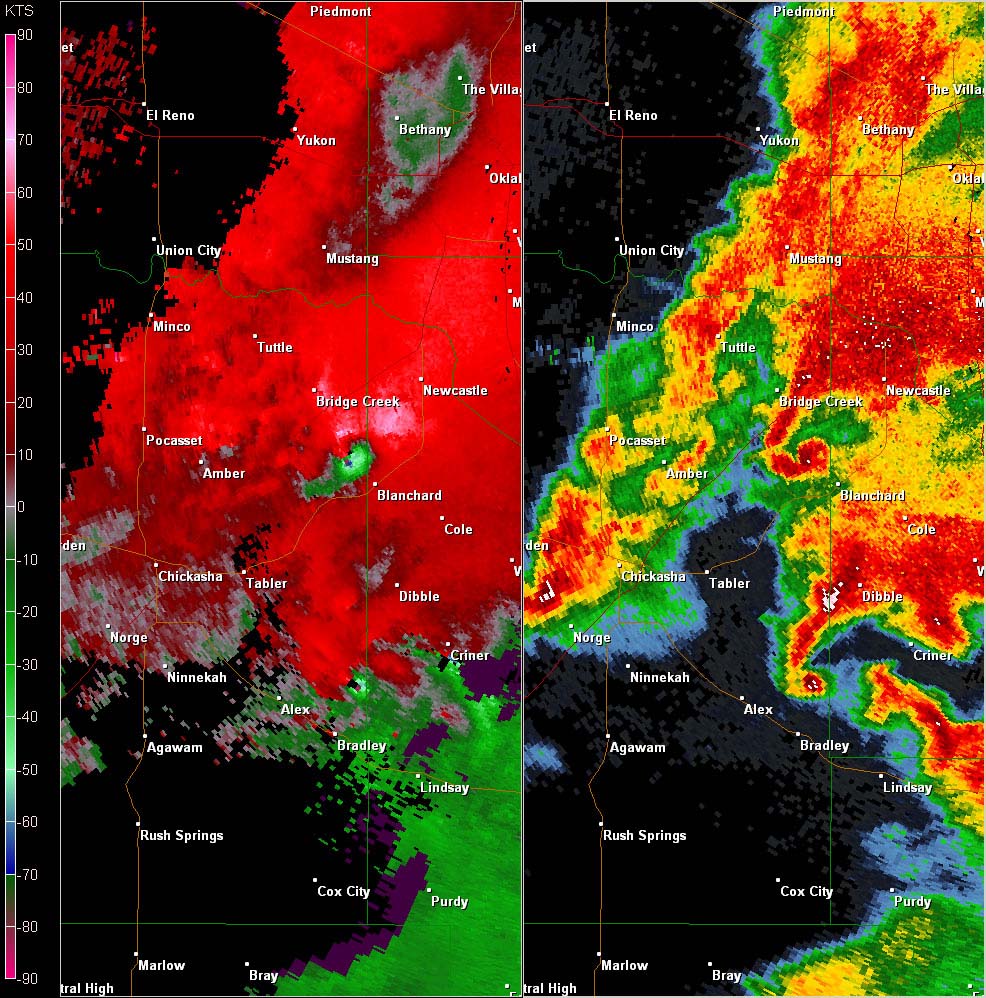 Twin Lakes, OK (KTLX) Combination Radar Reflectivity and Storm Relative Velocity at 5:35 PM CDT on 5/24/2011