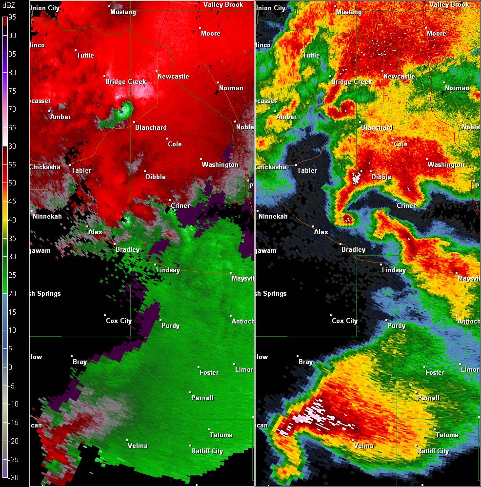 Twin Lakes, OK (KTLX) Combination Radar Reflectivity and Storm Relative Velocity at 5:35 PM CDT on 5/24/2011