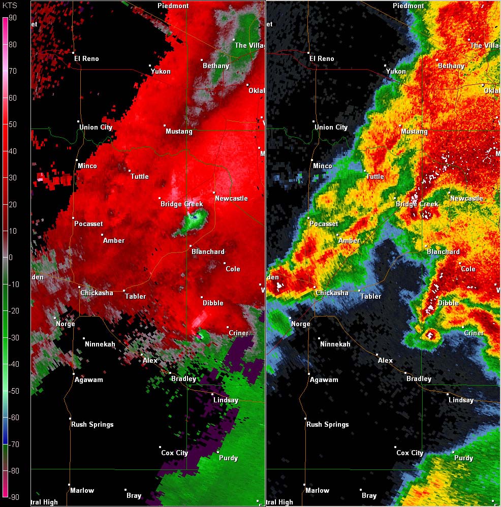 Twin Lakes, OK (KTLX) Combination Radar Reflectivity and Storm Relative Velocity at 5:39 PM CDT on 5/24/2011