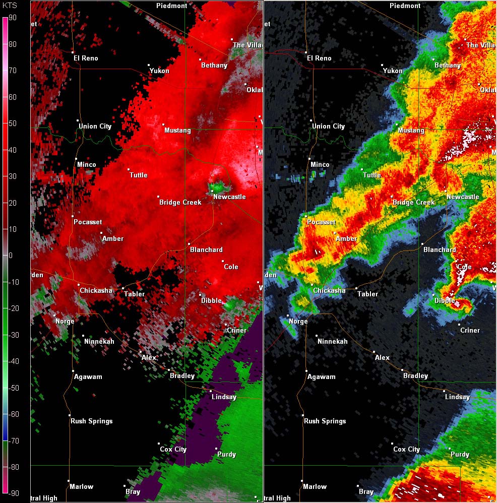 Twin Lakes, OK (KTLX) Combination Radar Reflectivity and Storm Relative Velocity at 5:48 PM CDT on 5/24/2011