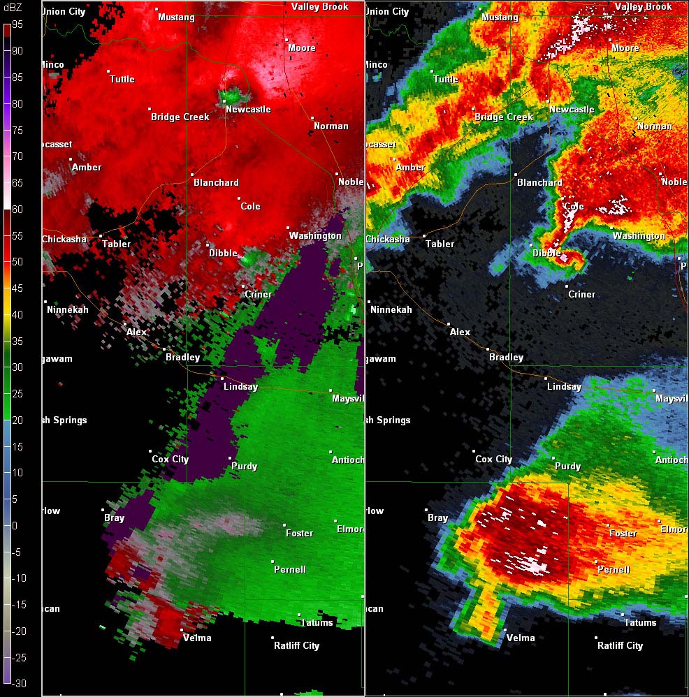 Twin Lakes, OK (KTLX) Combination Radar Reflectivity and Storm Relative Velocity at 5:48 PM CDT on 5/24/2011