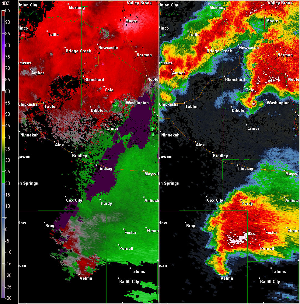 Twin Lakes, OK (KTLX) Combination Radar Reflectivity and Storm Relative Velocity at 5:52 PM CDT on 5/24/2011