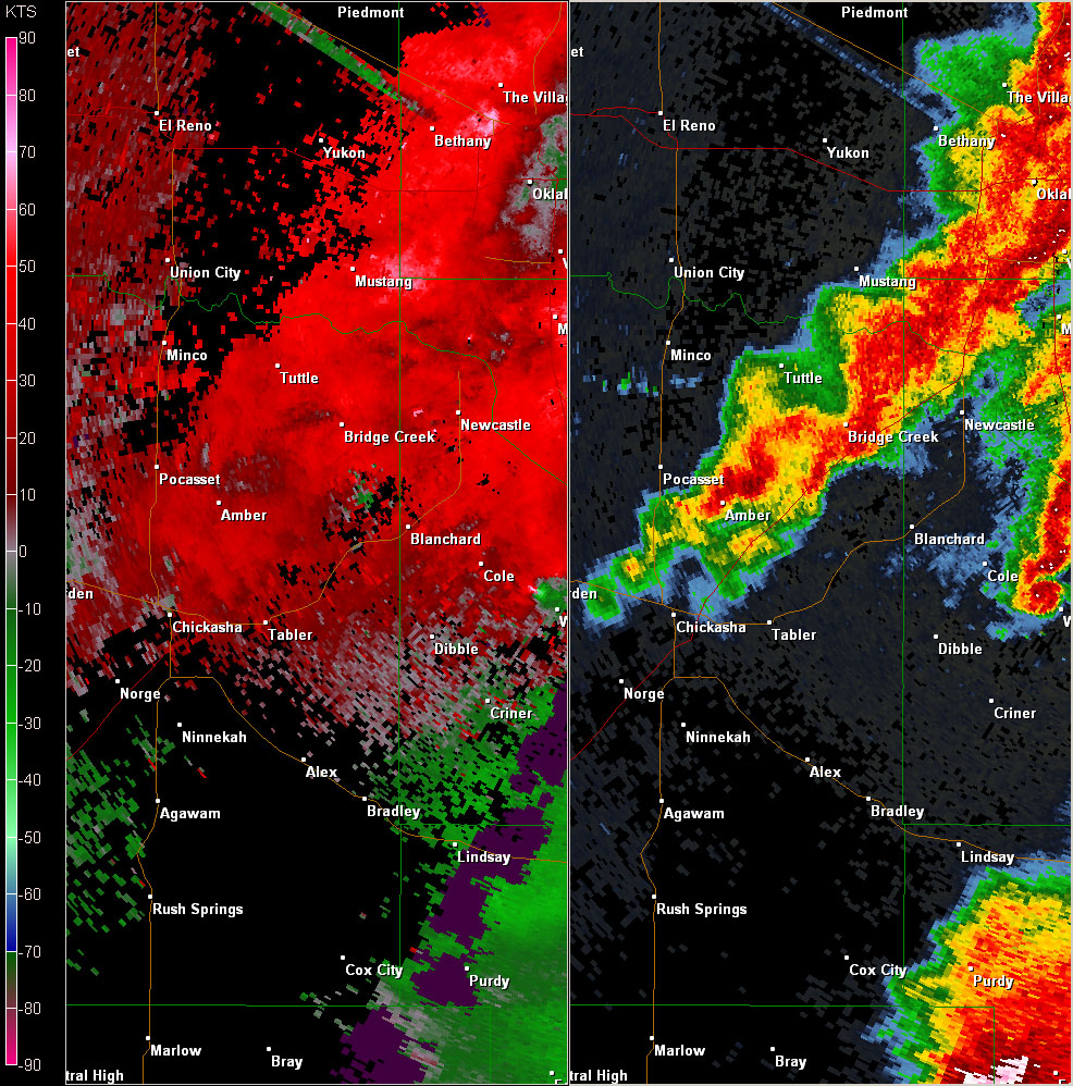 Twin Lakes, OK (KTLX) Combination Radar Reflectivity and Storm Relative Velocity at 5:56 PM CDT on 5/24/2011