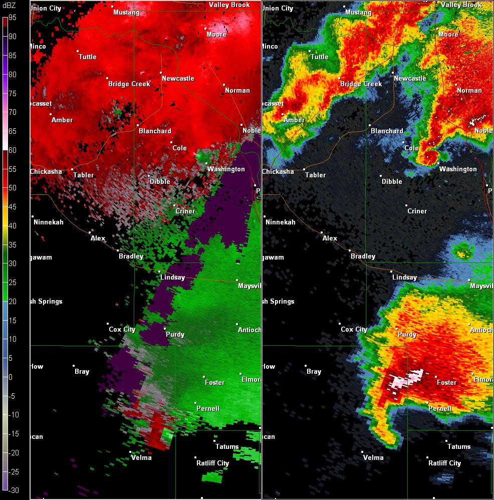 Twin Lakes, OK (KTLX) Combination Radar Reflectivity and Storm Relative Velocity at 5:56 PM CDT on 5/24/2011