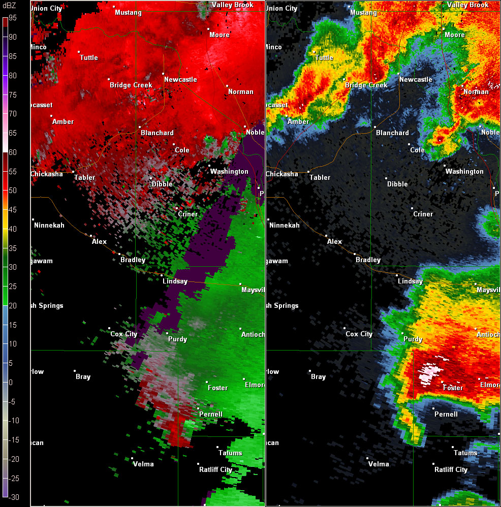 Twin Lakes, OK (KTLX) Combination Radar Reflectivity and Storm Relative Velocity at 6:00 PM CDT on 5/24/2011