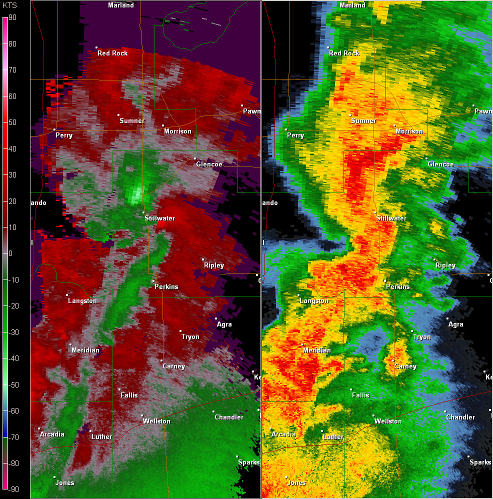 Twin Lakes, OK (KTLX) Combination Radar Reflectivity and Storm Relative Velocity at 6:05 PM CDT on 5/24/2011