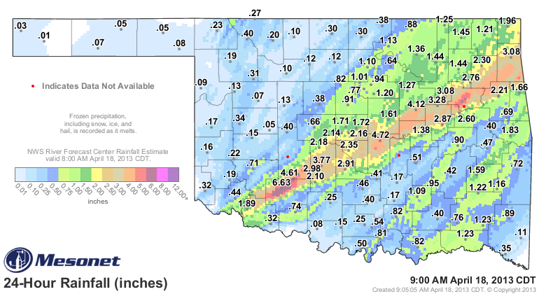 24-hour Muliti-sensor Precipitation Estimates with Mesonet Station Totals Ending at 7:00 am CDT on 4/18/2013