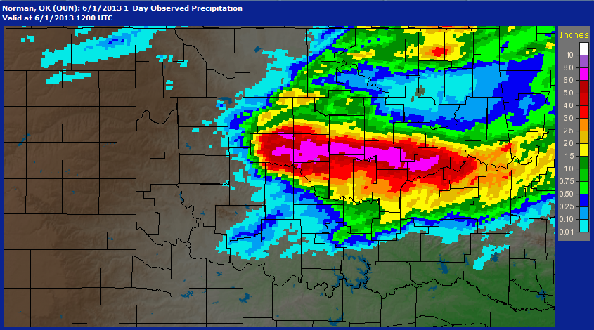 Multisensor Radar Rainfall Estimates for the 24-hour Period Ending at 7:00 AM CDT on June 1, 2013