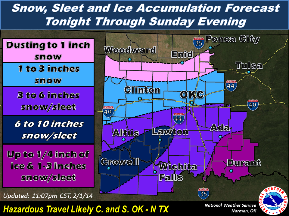 Snow, Sleet and Ice Accumulation Forecast for the NWS Norman Forecast Area Issued at 11:07 PM CST on 2/01/2014