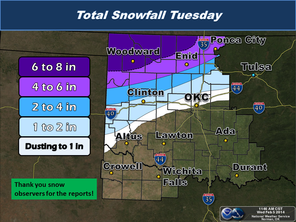 Storm Total Snowfall Amounts for the February 4, 2014 Winter Storm in Oklahoma