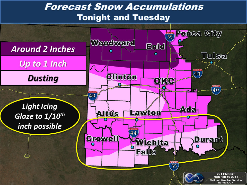 Snow, Sleet and Ice Accumulation Forecast for the NWS Norman Forecast Area Issued at 2:21 PM CST on 2/10/2014