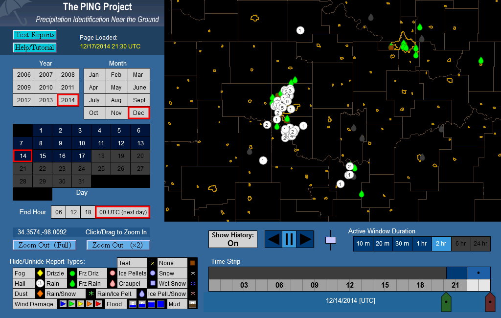 Map showing a 2-hour duration of mPING Reports in the NWS Norman forecast area.