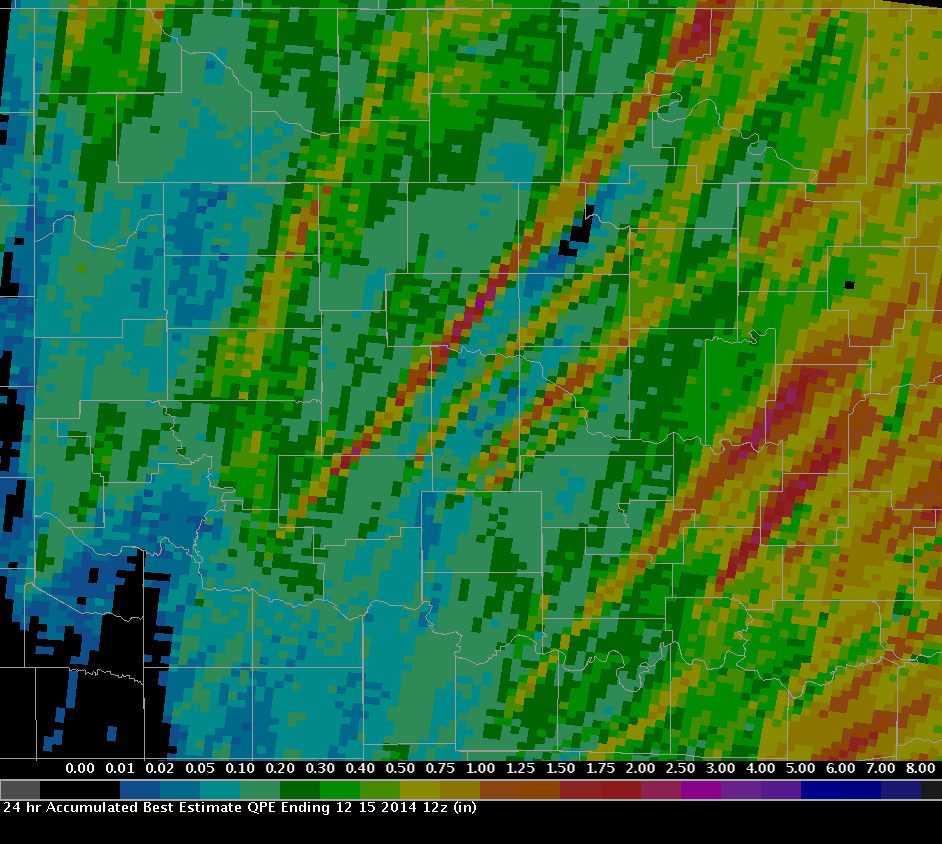 24-hour Multisensor Precipitation Estimates (MPE) ending at 6 PM CST on December 15, 2014