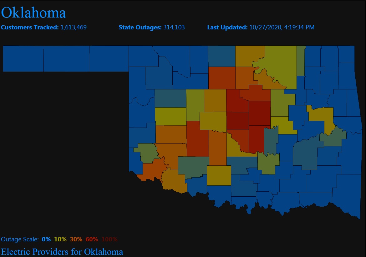 Power Outages in Oklahoma at 4:19 PM CDT on October 27, 2020