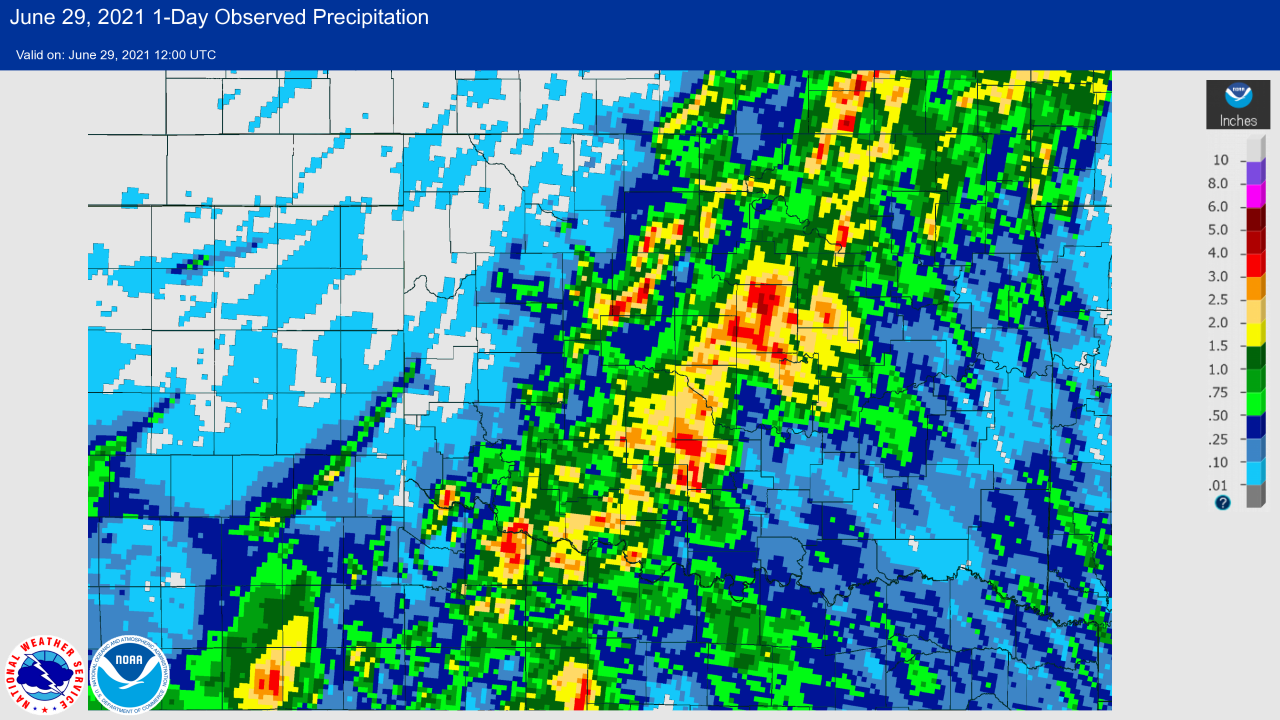 Rainfall Map for the 24-hour Period Ending at 7 AM CDT on June 29, 2021