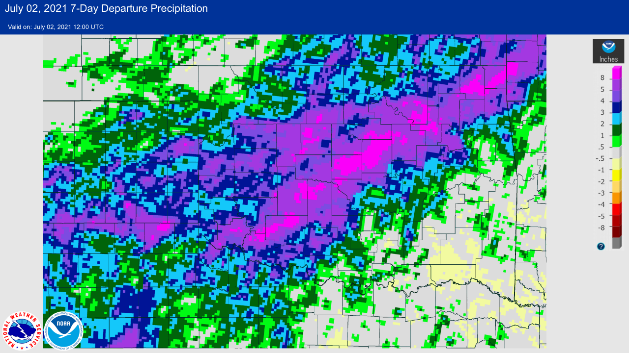 7-day Departure from Normal Rainfall at 7 AM CDT on July 2, 2021