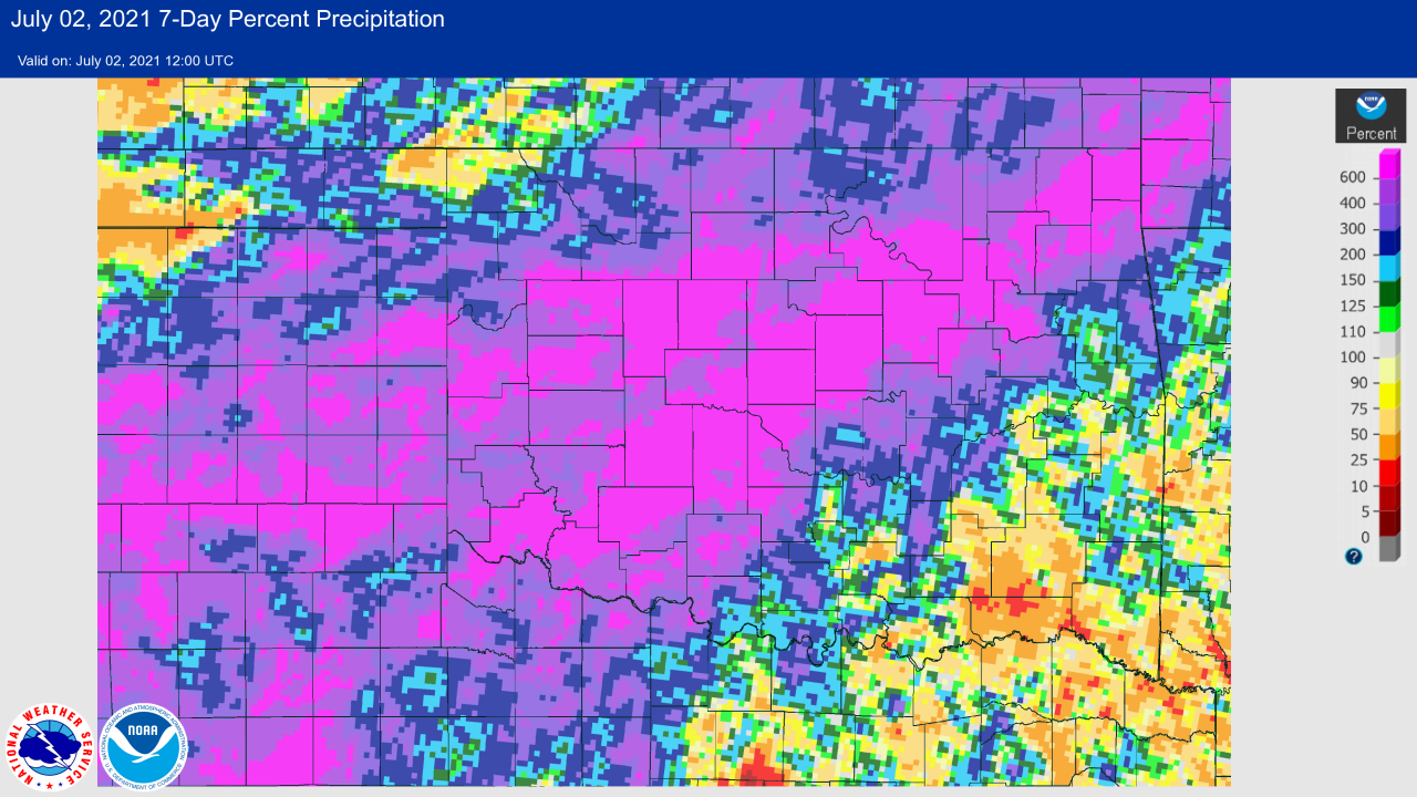 7-day Percent of Normal Rainfall at 7 AM CDT on July 2, 2021