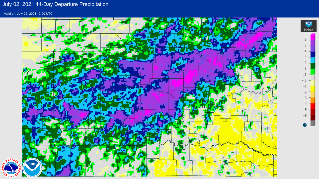 14-day Departure from Normal Rainfall at 7 AM CDT on July 2, 2021