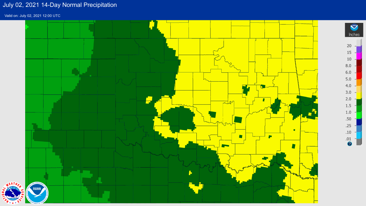 14-day Normal Rainfall at 7 AM CDT on July 2, 2021