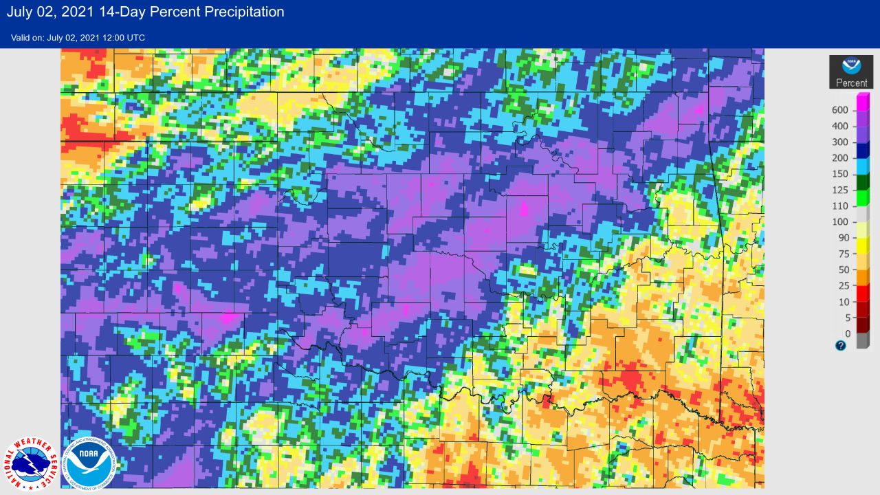 14-day Percent of Normal Rainfall at 7 AM CDT on July 2, 2021