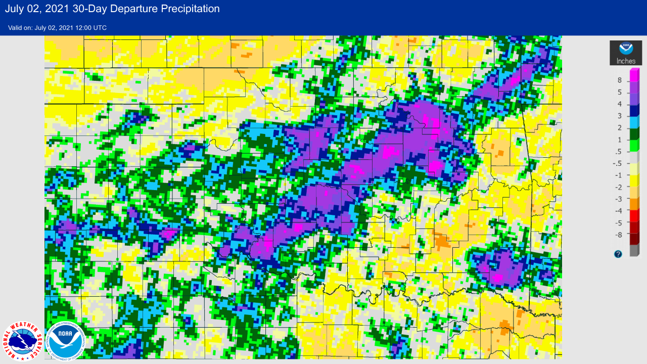 30-day Departure from Normal Rainfall at 7 AM CDT on July 2, 2021