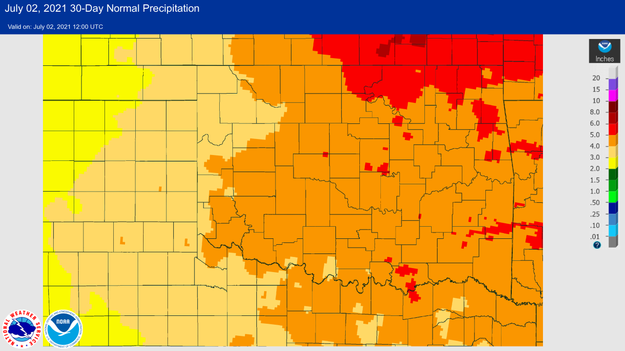 30-day Normal Rainfall at 7 AM CDT on July 2, 2021