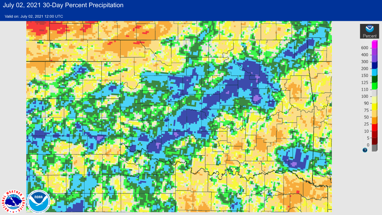 30-day Percent of Normal Rainfall at 7 AM CDT on July 2, 2021