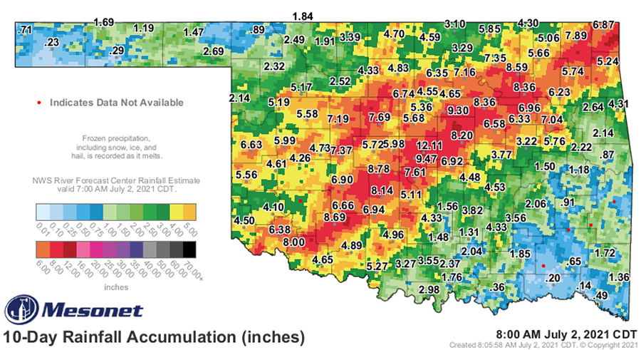 10-day Observed Rainfall at 8 AM CDT on July 2, 2021