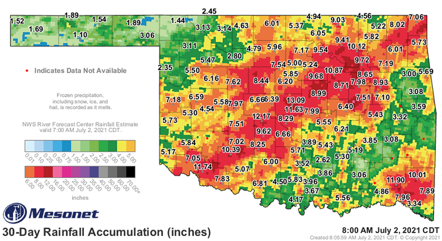 30-day Observed Rainfall at 8 AM CDT on July 2, 2021