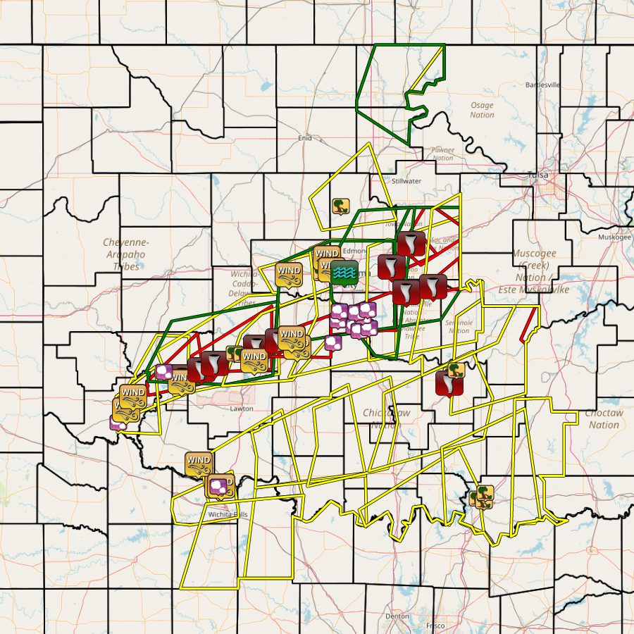 Local Storm Report Map and Warning Polygons for the October 10, 2021 Severe Weather Event in the NWS Norman Forecast Area