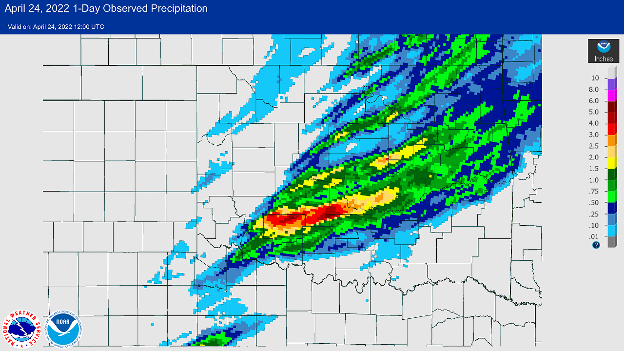 24-hour Multisensor Precipitation Totals ending at 7:00 am CDT on April 24, 2022