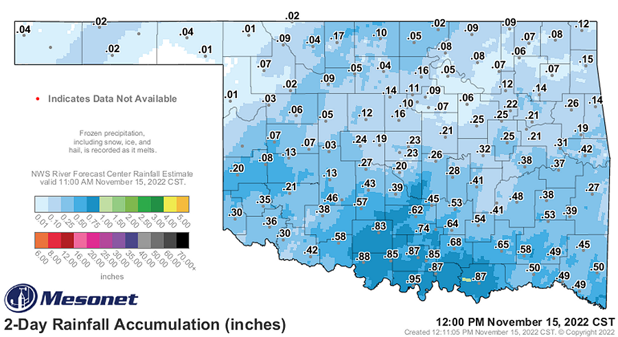 48-hr Precipitation Amounts and Oklahoma Mesonet Precipitation Totals Ending at 12 AM CST on November 15, 2022 Snowfall Event in Central/Western Oklahoma