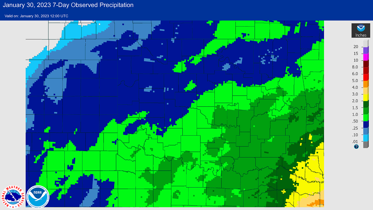 7-day Precipitation Amounts Ending at 6 AM CST on January 30, 2023 Snowfall Event in Central/Western Oklahoma