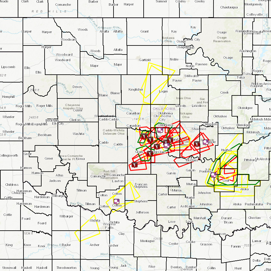 Local Storm Report Map and Warning Polygons for the May 11, 2023 Severe Weather and Tornado Outbreak in the NWS Norman Forecast Area