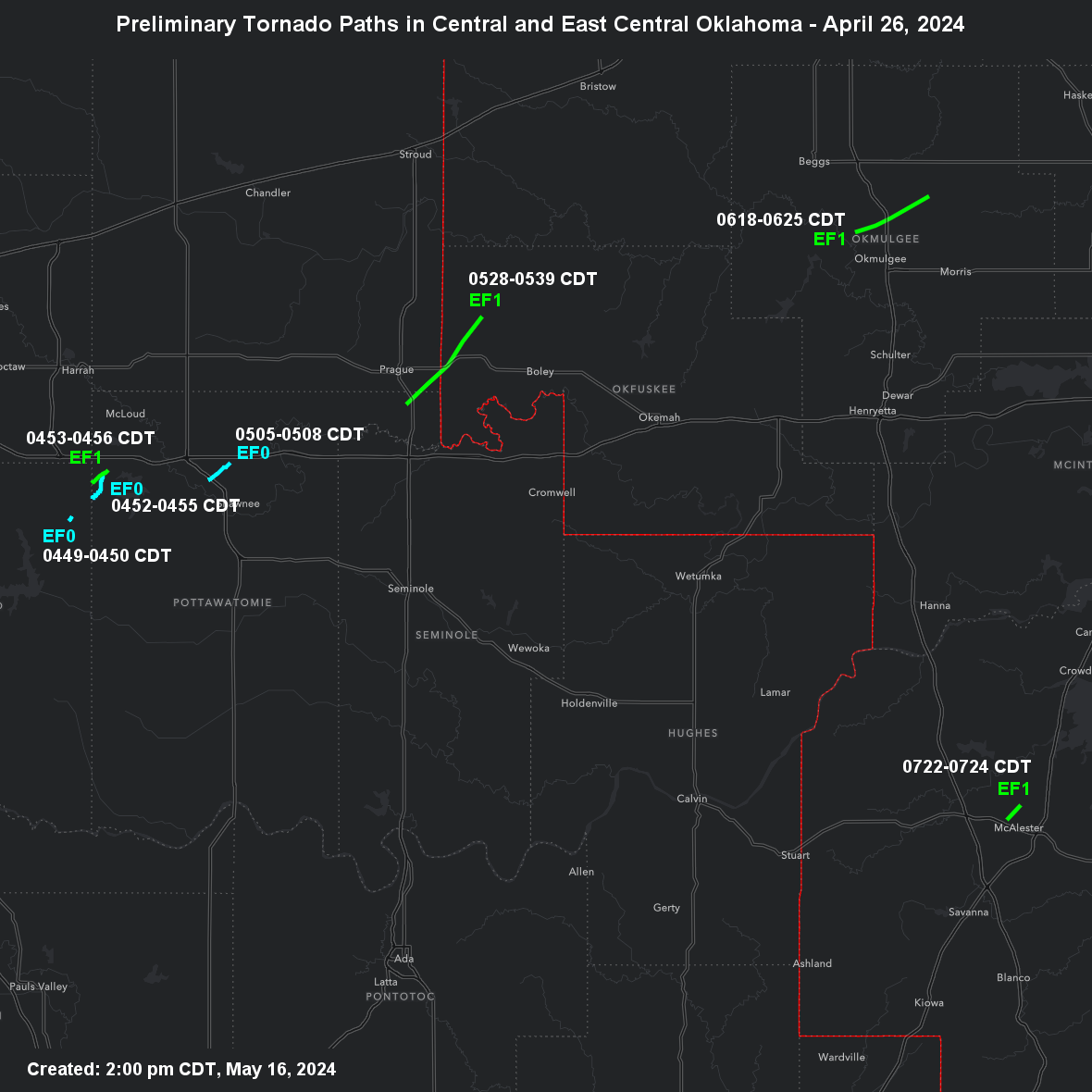 Preliminary Tornado Damage Paths in the NWS Norman Forecast Area for the April 26, 2024 Severe Weather Event