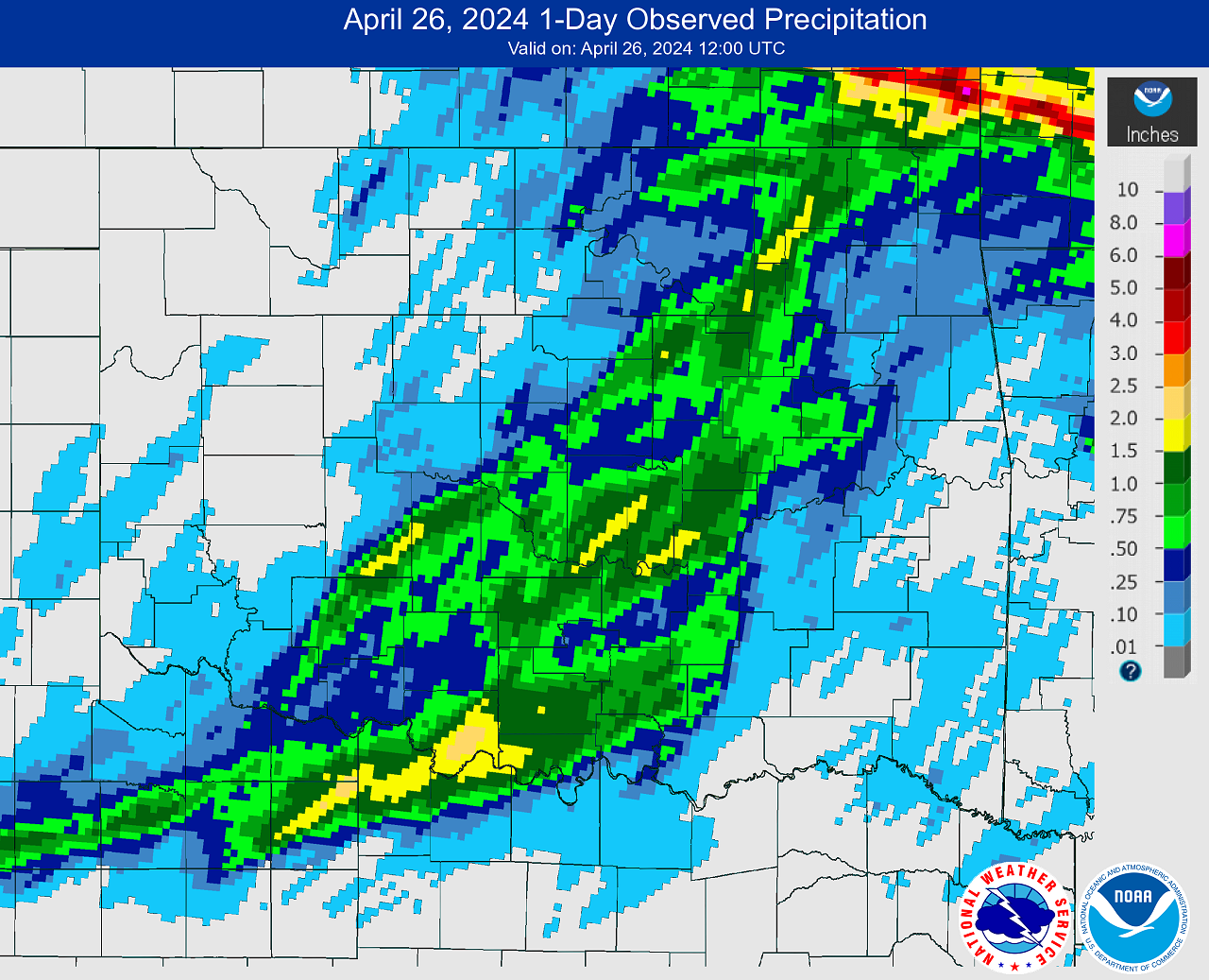 24-hour Observed Rainfall at 7 AM CDT on April 26, 2024